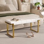 Upholstered Dining Bench, 44.29 Inch Leather Upholstered Bedroom Benches, Entryway Bench for Living Room Kitchen Dining Room(White&Gold)