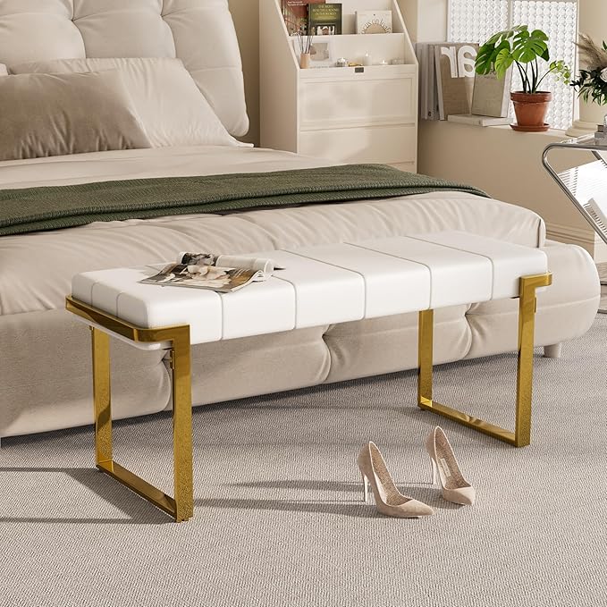 Upholstered Dining Bench, 44.29 Inch Leather Upholstered Bedroom Benches, Entryway Bench for Living Room Kitchen Dining Room(White&Gold)