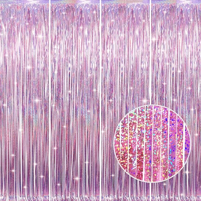 GOER 3.2 ft x 8.2 ft Metallic Tinsel Foil Fringe Curtains Party Photo Backdrop Party Streamers for Birthday,Graduation,New Year Eve Decorations Wedding Decor(4 Packs,Laser Pink)