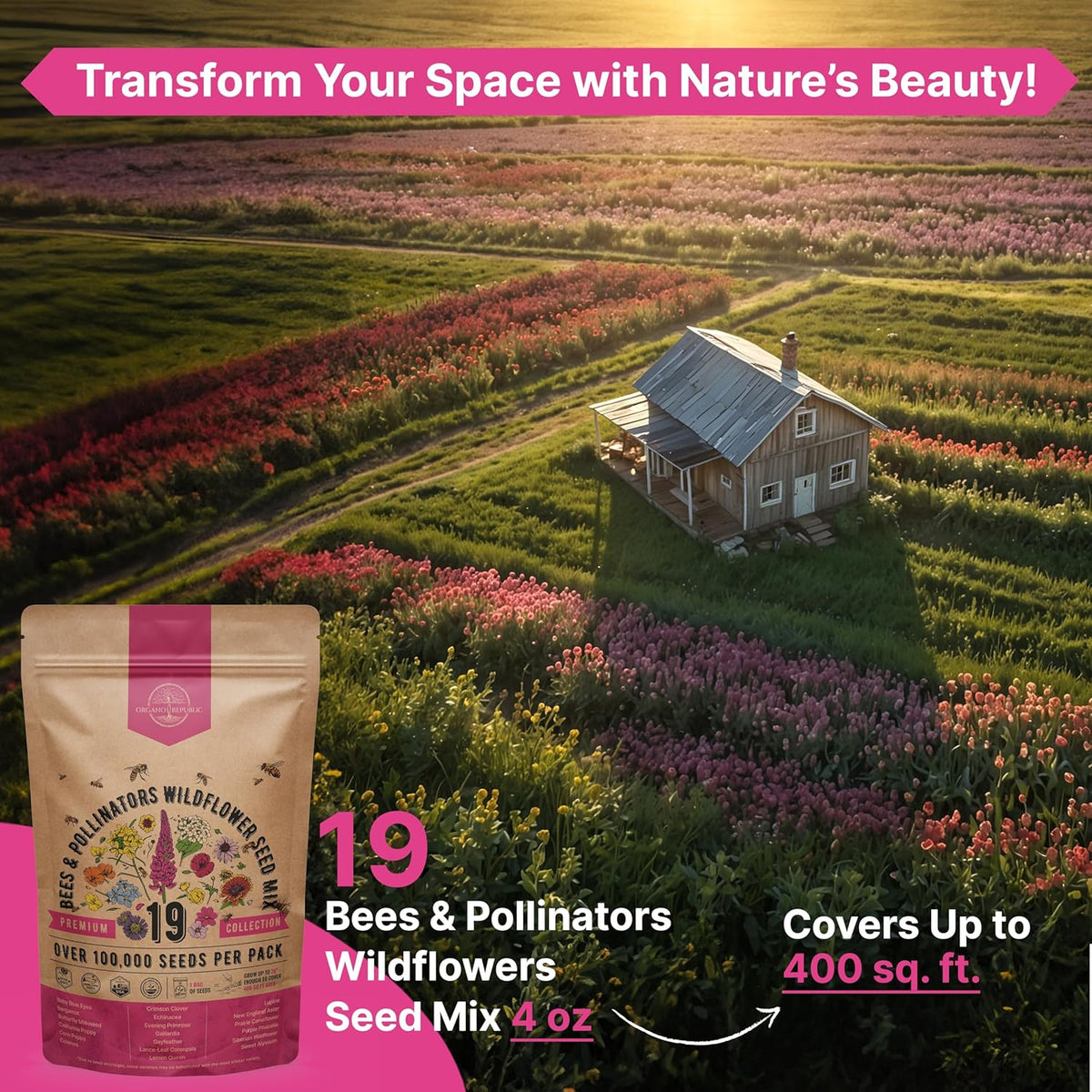 Organo Republic 19 Annual & Perennial Wildflower Seeds Mix for Indoor and Outdoors, Attract Bees & Butterflies. 100,000+ Non-GMO, Heirloom Wildflower Garden Seeds, 4oz Packet for Growing Wild Flowers