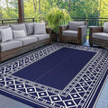 GENIMO Outdoor Rug Waterproof for Patio Decor, 8'x10' Foldable Reversible Plastic Straw Carpet for Travel Trailers, Outside Area Mat for Rv, Deck, Picnic, Porch, Camper, Balcony, Beach, Blue & White