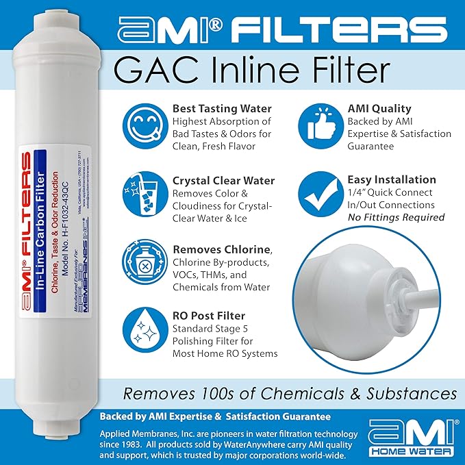 Inline Carbon Water Filter | 10" Length | 1/4" Quick Connect In/Out (1/4" QC) | For Chlorine Taste & Odor or Post Filter for Home RO | RO Stage 5 Polishing Filter