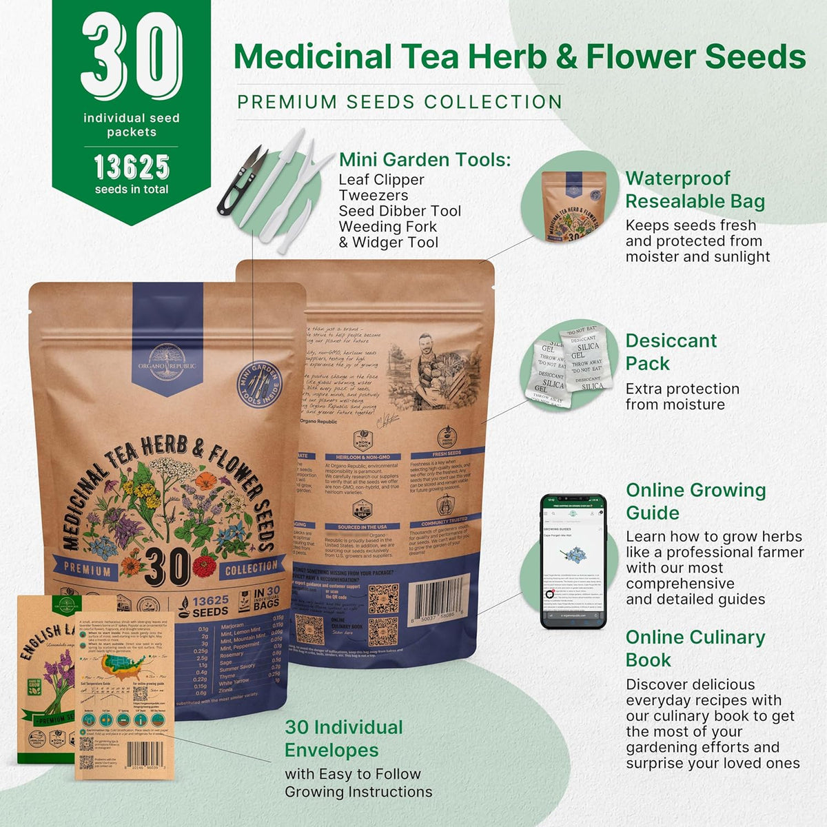 Organo Republic 30 Medicinal Tea Herb & Flower Seeds Variety Pack - 13600+ Non-GMO Heirloom Flower Seeds for Outdoor & Indoor Garden, Including Bergamot, Catnip, Calendula, Dandelion, Lovage, Zinnia