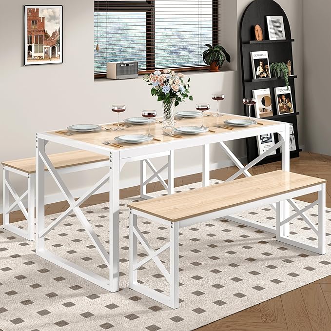 VECELO Kitchen Dining Table Set for 4 to 6, 55" Wood Dinette 2 Benches with Metal Frame for Dinner Breakfast Nook and Small Space, Oak