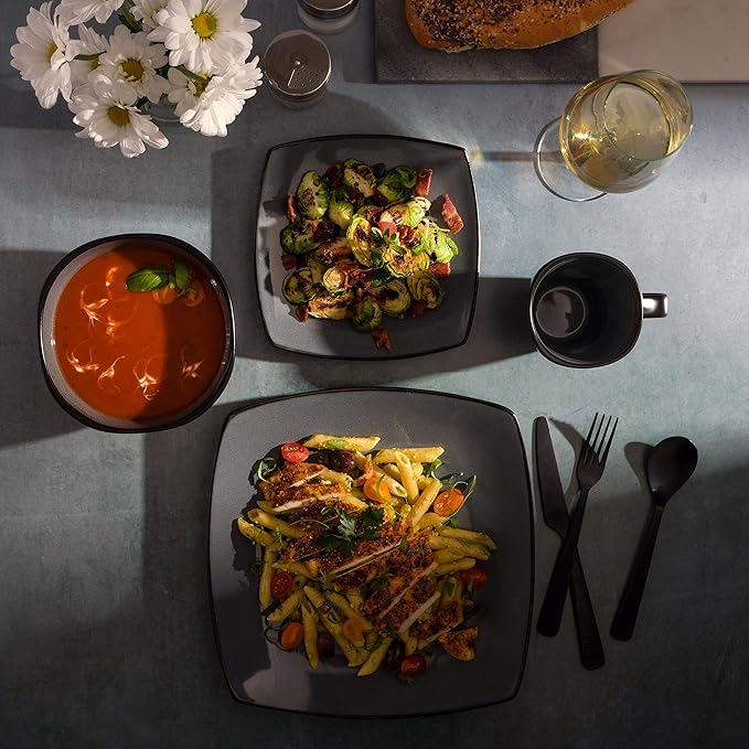 Gibson Elite Soho Lounge Square Reactive Glaze Stoneware Dinnerware Set, Service for 4 (16pc), Eclipse