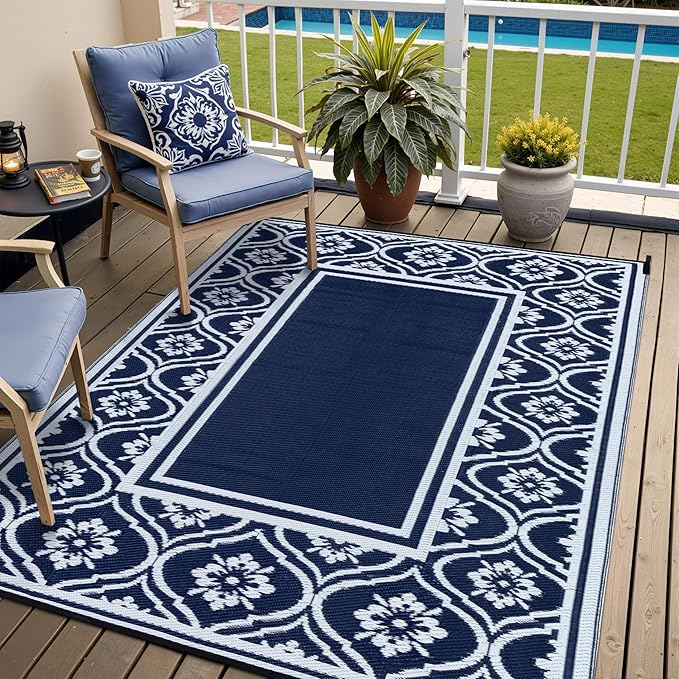 Plastic Outdoor Rug 6'x9' Waterproof Camping Carpet Outside Reversible Area Rug Blue Rugs for RV Deck Entryance Porch Picnic Balcony Beach