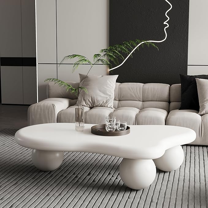 47 Inch Cloud Shaped Coffee Table with 3 Ball Legs for Living Room Cream White
