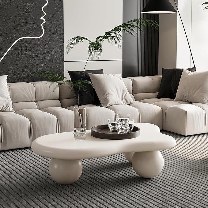 40 Inch Cloud Shaped Coffee Table with 3 Ball Legs for Living Room Cream White