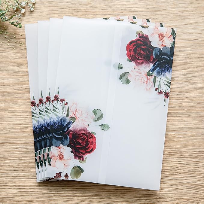 PONATIA 50 PCS 135gsm Vellum Jackets for 5x7 Invitation Cards - Burgundy and Navy Blue Flowers Printed Vellum Sleeves, Wedding Invitation Cards Wraps, Transparent Christmas Gift Cards Jackets