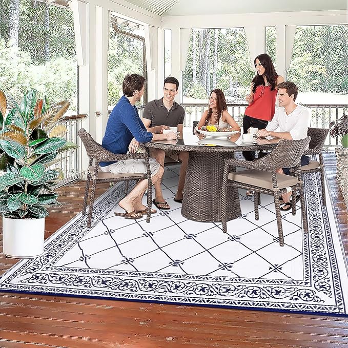 Outdoor Rug 8'x10' for Patios Waterproof Patio Rugs Outdoor Mats for Front Porch,Beach Mat,Reversible Plastic Straw Camping Rugs for Outside RV,Deck,Balcony,Backyard Navy Blue