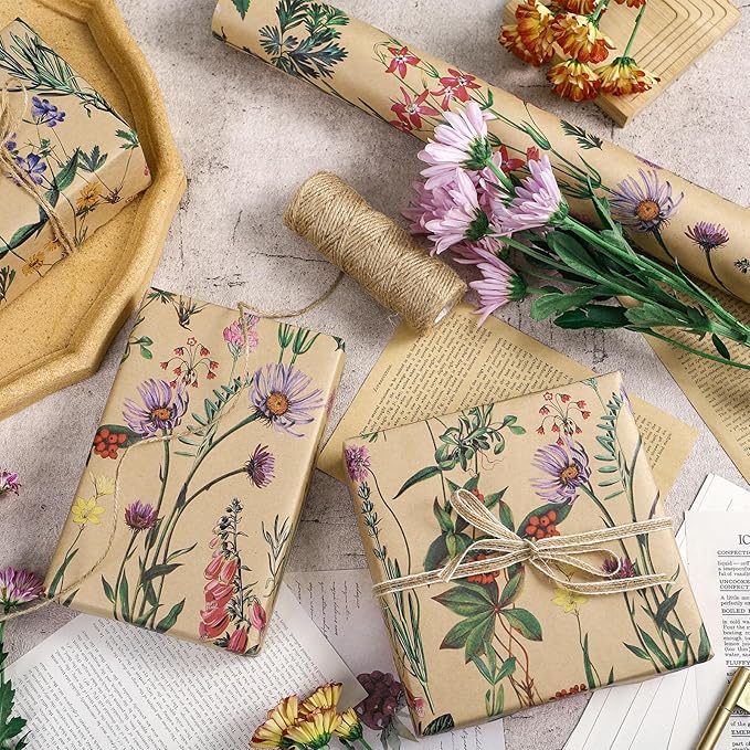 RUSPEPA Wildflower Floral Wrapping Paper Roll for Women, 17 Inches x 16. 4 Feet, Mini Roll, Herbal Kraft Wrapping Paper for Christian Gifts, Birthdays, Weddings, Bridal Shower and Engagement