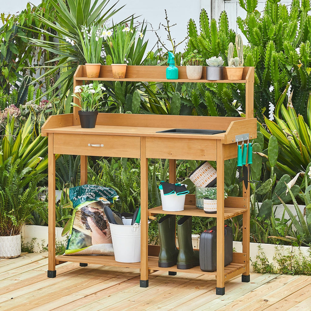 Yaheetech Potting Bench with Sink & Drawer, Outdoor Gardening Table, Wood