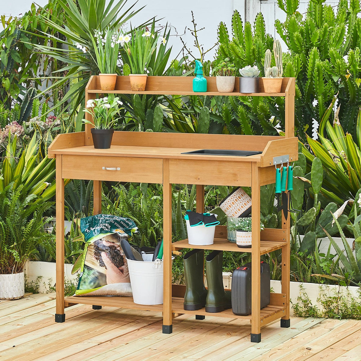 Yaheetech Potting Bench with Sink & Drawer, Outdoor Gardening Table, Wood