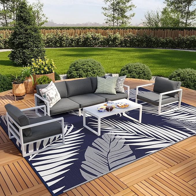 GENIMO Outdoor Rug 9' x 18' Waterproof for Patios Clearance, Reversible Outdoor Plastic Straw Camping Rug Carpet, Large Area Rugs Mats for RV, Camper, Deck, Balcony, Porch, Beach, Navy Blue&White