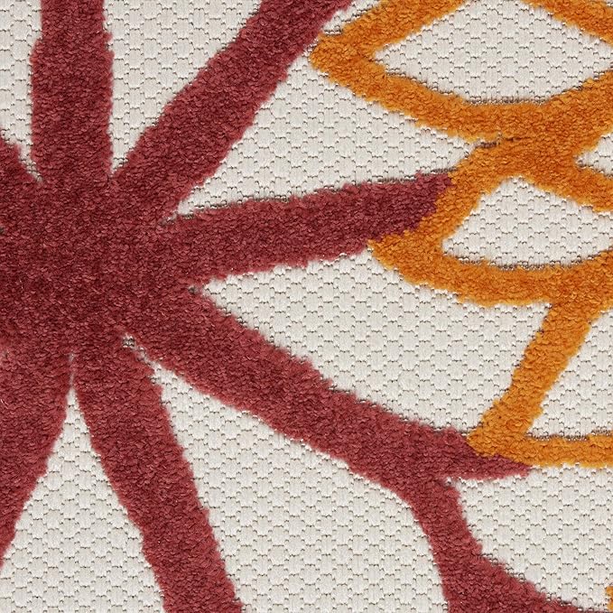Nourison Aloha Indoor/Outdoor Red Multi Colored 4' x Round Area Rug, Tropical, Botanical, Easy Cleaning, Non Shedding, Bed Room, Living Room, Dining Room, Deck, Backyard, Patio (4 Round)