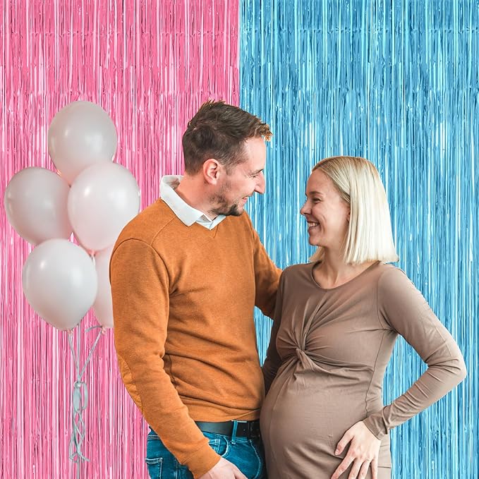 2 Pack Gender Reveal Decorations, 3.28 FT x 7.05 FT Pink and Blue Fringe Backdrop, Metallic Boy or Girl Foil Fringe Curtains Tinsel Backdrop Party Streamers, Birthday Party Decor Photo Booth Props