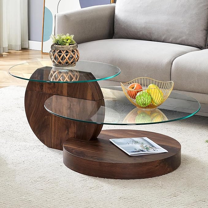 Glass Coffee Table, Modern Round Glass Coffee Table with Wooden Base, 3 Tier Round Coffee Table, Clear Cocktail Table with Storage for Living Room, Office, Balcony, Walnut