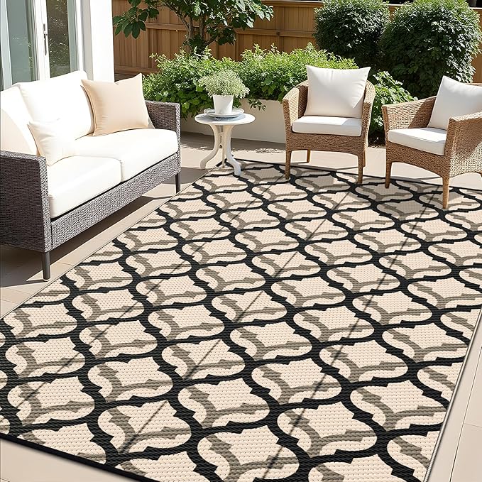 OLANLY Reversible Outdoor Rug 6x9 ft Clearance, Waterproof Outdoor Plastic Straw Rug with Interlacing Pattern, RV Mat for Patio, Camping, Balcony, Deck, Backyard, Black & Beige