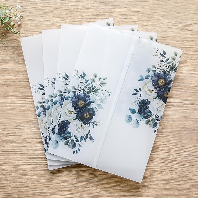 PONATIA 50PCS Vellum Jackets for 5x7 Invitation Cards- 135GSM Navy Blue Flowers Printed Wedding Invitations Wraps - Transparent Christmas Gift Cards