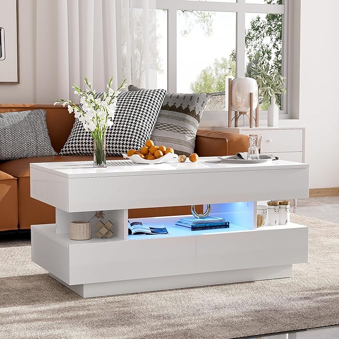 Modern High Gloss LED Coffee Table 39.3-Inch Multi-Functional Lift-Top Center Table with Hidden Storage Space, 2 Drawers for Small Spaces Living Room， White