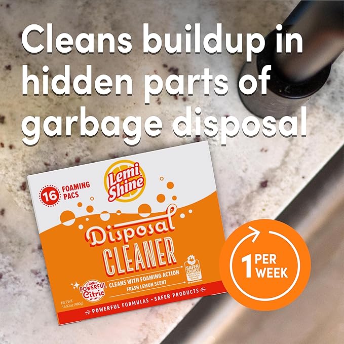 Lemi Shine Foaming Garbage Disposal Cleaner and Deodorizer - Citric Acid Cleaning Powder - Fresh Lemon Scent - 16.92 oz (16 Pack)