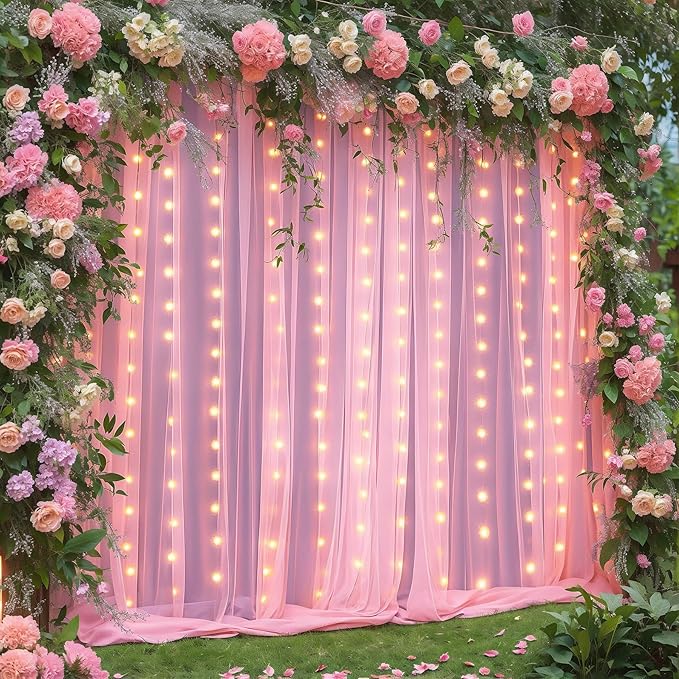 10×10ft Pink Tulle Backdrop Curtain with Lights String for Parties, Sheer Photo Curtain Backdrop Drapes for Wedding Party Photography Backgrounds