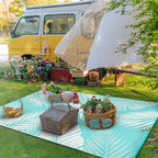 GENIMO Outdoor Rug 8' x 10' Waterproof for Patios Clearance, Reversible Outdoor Plastic Straw Camping Rug Carpet, Large Area Rugs Mats for RV, Camper, Deck, Balcony, Porch, Beach, Aqua Blue&White