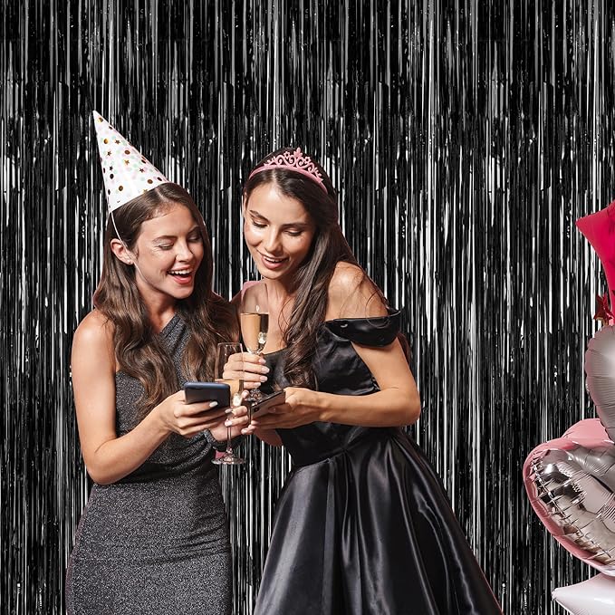 2 Pack 2025 Graduation Party Decorations, 3.28 FT x 7.05 FT Black Backdrop, Metallic Graduation Photo Backdrop Fringe Curtains Tinsel Backdrop Foil Streamer, Grad Party Supplies Photo Booth Props