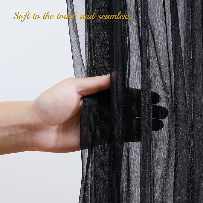 20×10ft Black Tulle Backdrop Curtain with Lights String for Parties, Sheer Photo Backdrop Curtains for Wedding Party Photography Background