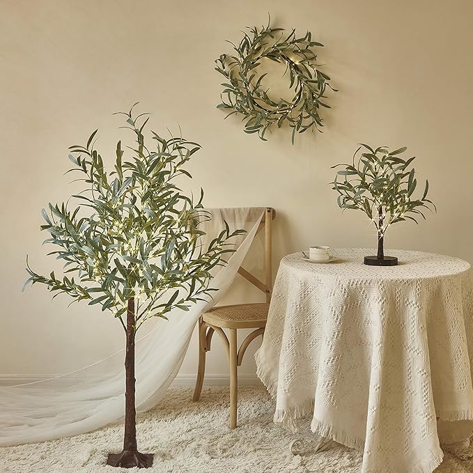 Hairui Lighted Artificial Olive Garland 6FT 96 LED Fairy Lights Battery Operated, Faux Vine Lights with Timer for Spring Christmas Holiday Fireplace Décor