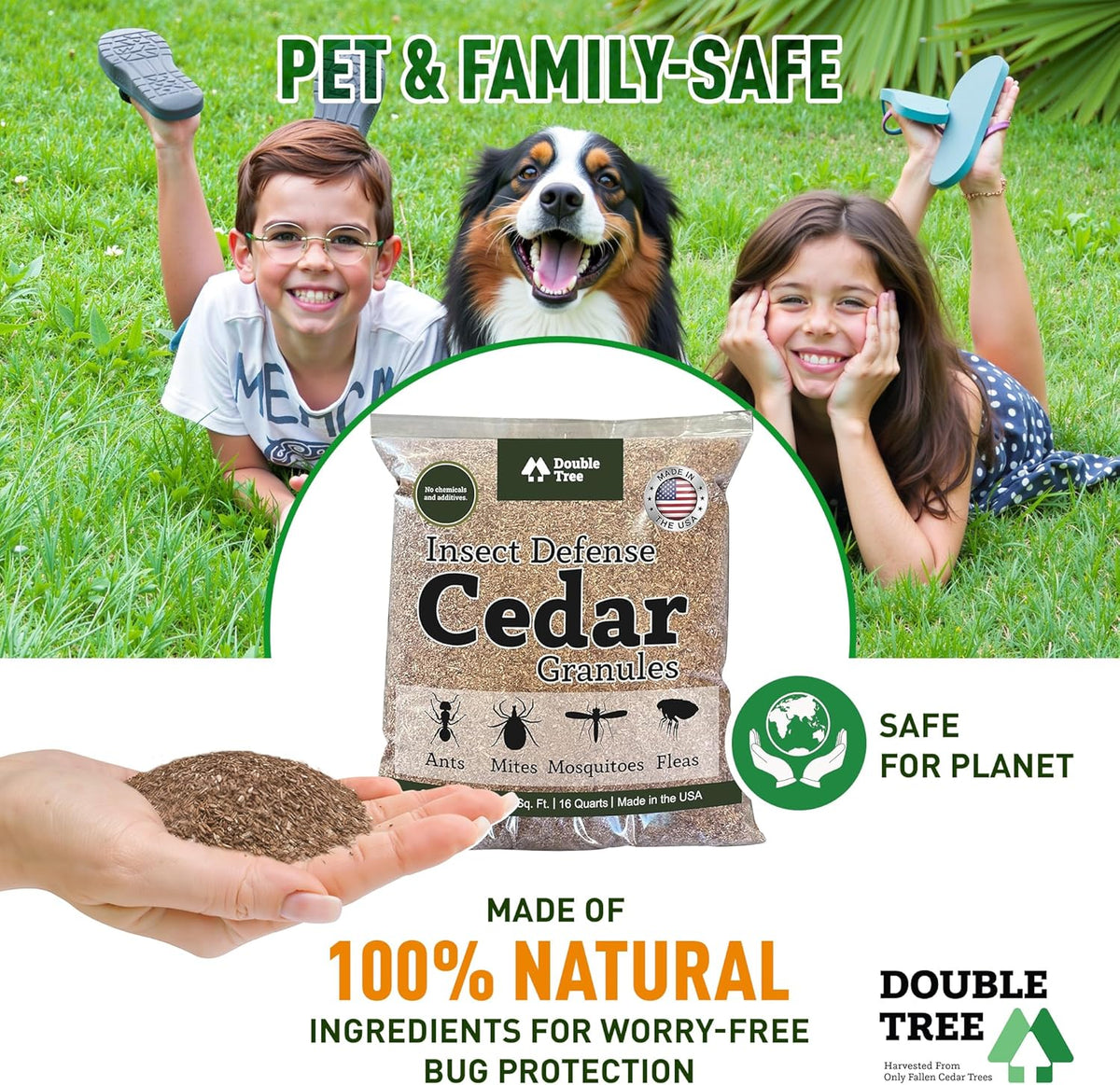 Double Tree Home and Garden Cedar Granules | Repels Fleas, Ticks, Ants, and Mosquitos | Rich Cedar Scent | Non Toxic | Pet Safe | 2 Bags (32 Quarts)