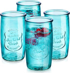 Glaver's Highball Glasses Set of 4 – 20oz Artistic Ice-Cold Pretty Blue – Vintage Glassware with Embossed Logo – Beverage Drinking Glasses for Water, Juice, Cocktails. Hand Wash.