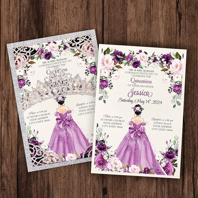 50Pcs Purple Crown Invitations for Quinceanera, 15 year, Sweet 16, Miss XV, Birthday Laser Cut Quince Invitation Cards Personalized Glitter Silver