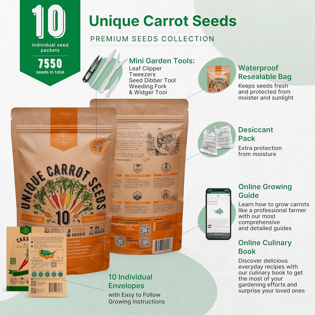 Organo Republic 10 Unique Carrot Seeds Variety Pack - 7,550+ Non-GMO Heirloom Carrot Seeds for Outdoor & Indoor Home Gardening, Including Carrot Imperator 58, Little Fingers, Scarlet Nantes, Parisian