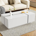 Modern High Gloss Coffee Table with Hidden Storage Space, 47.2-Inch Wooden Extending Top Center Table with Drawers for Living Room, White