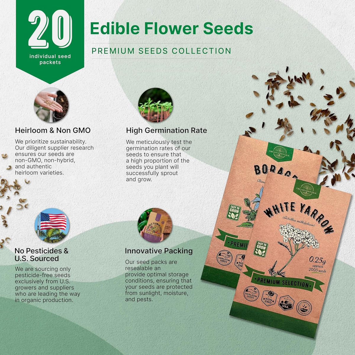 Organo Republic 20 Edible Flower Seeds Variety Pack- Indoor/Outdoor. 7000+ Non-GMO Heirloom: Borage, Bergamot, Nasturtium, Chives, Cape Daisy, Hyssop, Zinnia Seeds & More