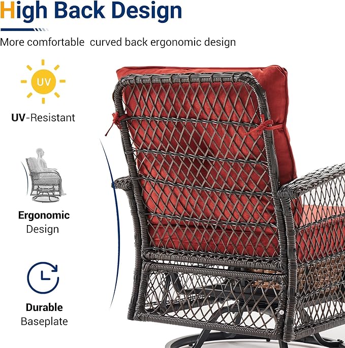 UDPATIO 3 Pieces Patio Furniture Set, Outdoor Swivel Rocker Patio Chairs Set of 2, All-Weather PE Wicker Glider Chairs with Thick Cushions and Glass Coffee Table，for Porch Deck Backyard Red