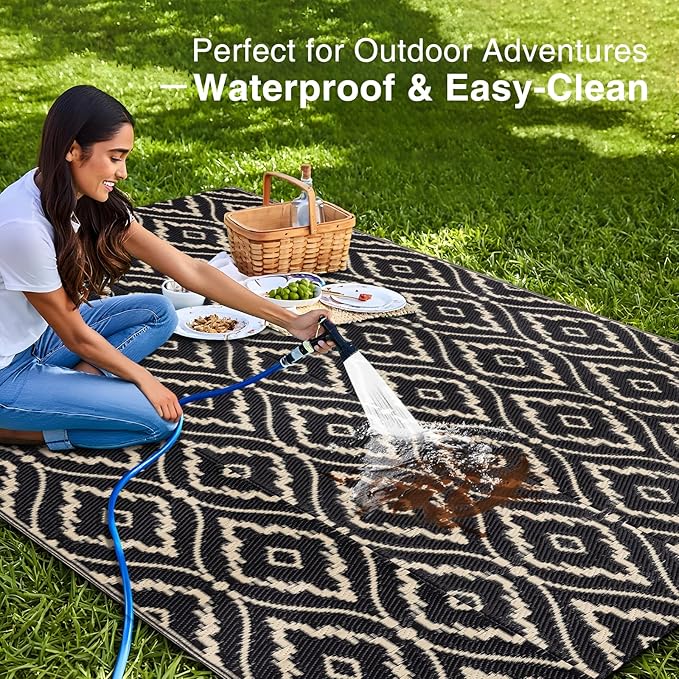 OLANLY Outdoor Rug 5x8 ft Waterproof, Outdoor Plastic Straw Rug with Geometric Pattern Clearance, Reversible RV Mat for Patio, Camping, Balcony, Deck, Backyard, Black & Beige