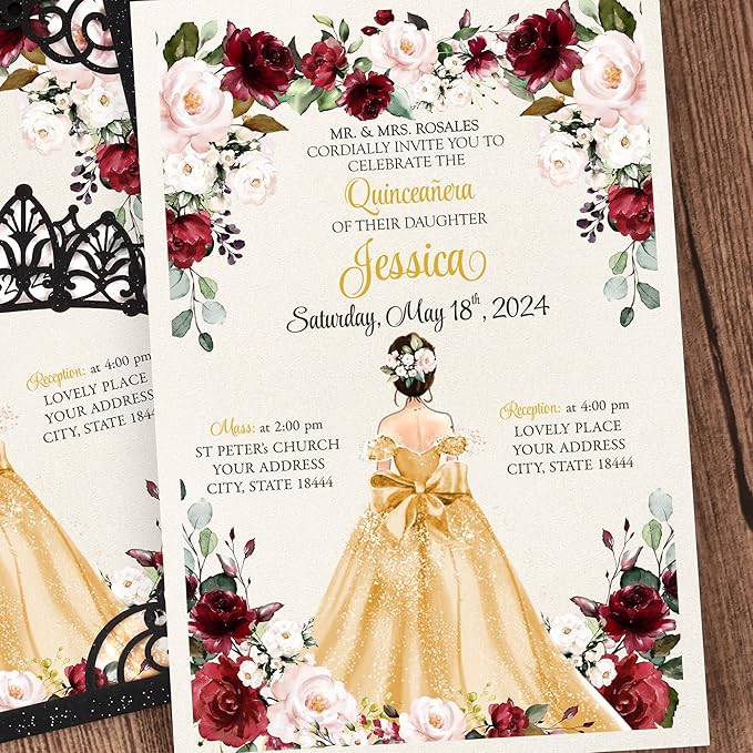 50Pcs Gold Crown Invitations for Quinceanera, 15 year, Sweet 16, Miss XV, Birthday Laser Cut Quince Invitation Cards Personalized Pearlized Black