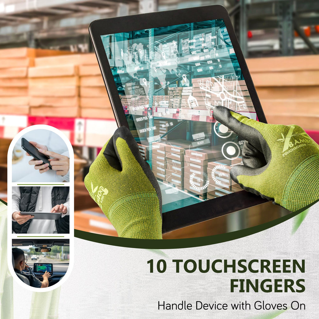 COOLJOB 2 Pairs Gardening Gloves for Women and Men, Bamboo Working Gloves Touchscreen, Grippy Nitrile Rubber Coated Work Gloves, Green/Black, Large Size (2 Pairs L)
