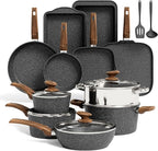 Kitchen Academy Induction Cookware Set-17 Piece Non-stick Cooking Pan Set, Black Granite Pots and Pans Set