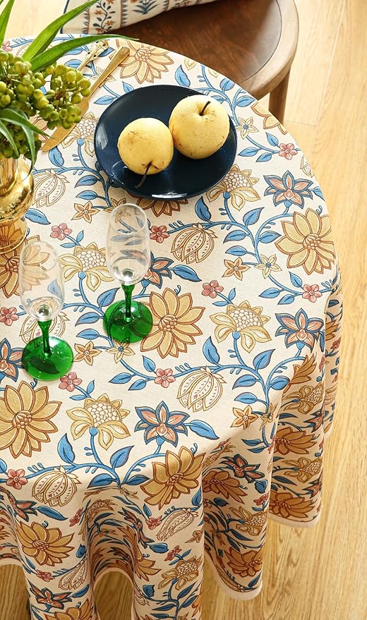 ISAENNE Designer Bohemian Floral Small Round Tablecloth,Linen Colorful Table Cloth,Wrinkle Resistant Decor Tablecloths for Dining Thanksgiving Kitchen Party Christmas,Diameter 55"-Estevan B