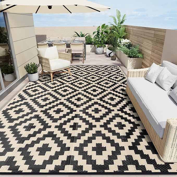 OLANLY Waterproof Outdoor Rug 9x12 ft, Outdoor Plastic Straw Rug for Camping, RV Mat Outside, Outdoor Carpet for Porch, Deck, Backyard, Balcony, Picnic, Black & Beige