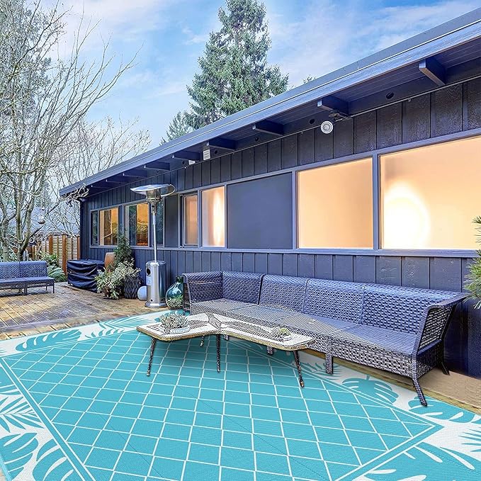 Ileading Outdoor Rug Carpet for Patio 8' x10' Waterproof Reversible Plastic Straw Rug Portable Outside Area Rug Camping Mat for Patio, Clearance, Balcony, Picnic, Pool, Beach, RV, Deck, Teal