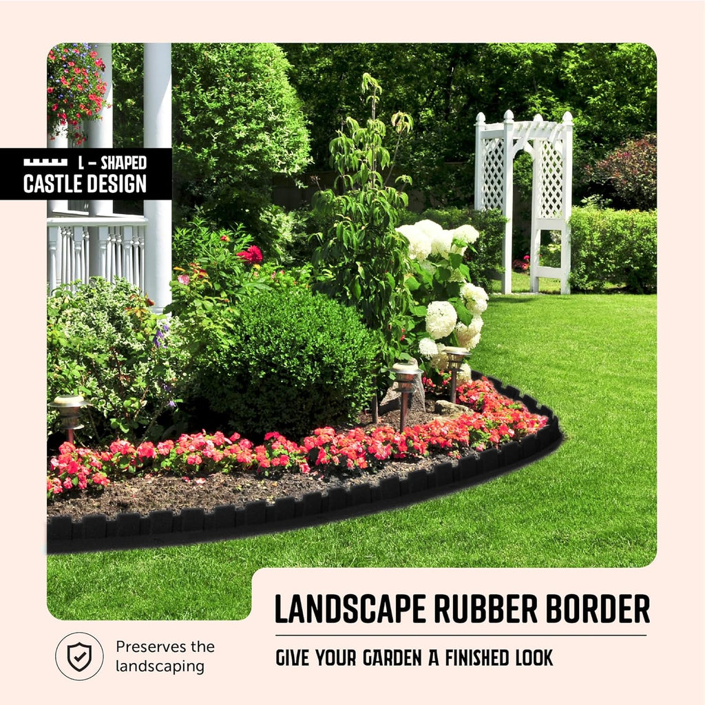 Playsafer L-Shaped Flexible Rubber Castle Edger for Lawns Landscaping and Playground | Easy No Dig Installation (2 Pack, Black)
