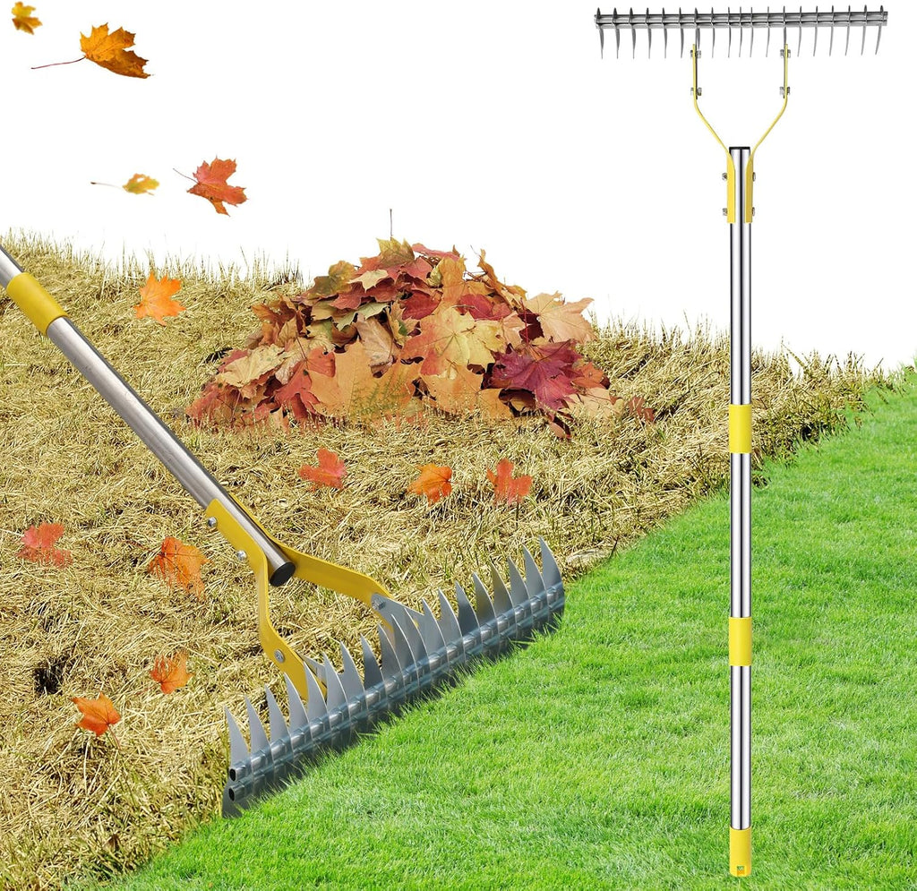 2 in 1 Rake: Stainless Steel Garden Rake for Leaves,Thatch,55” Heavy Duty 19 Tines Lawn Manual Dethatcher with Adjustable Head,Thatching Rakes for Lawn Yard Grass, Debris Removal, Soil Loosening