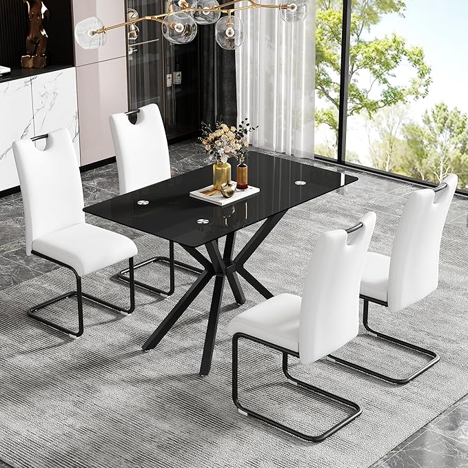47.24" Rectangular Glass Dining Table Modern Kitchen Glass Top Table for 4 with Black Metal Legs, Clear Dining Table Kitchen Table for Home Office Dining Room