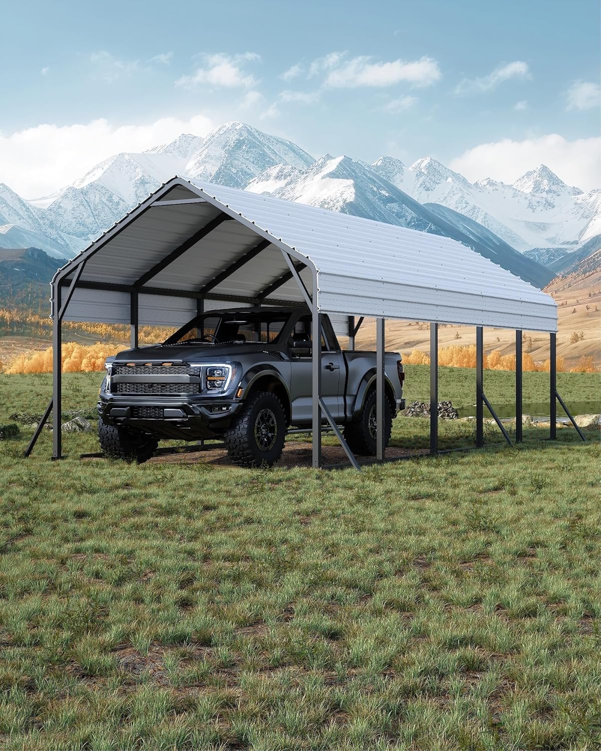 GarveeLife 13 ft x26 ft x11 ft Oversized Metal Carport, Steel Heavy Duty Car Ports for All-Weather, Tall Carport for Full-Size Pickup Trucks, Boats, and Tractors, N.W. 780 LBS