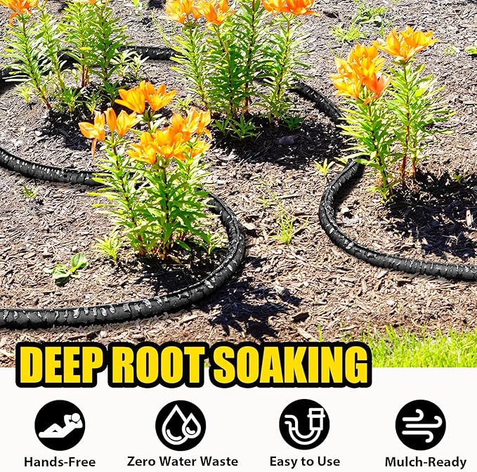 TigeJoy 50FT Flat Soaker Hose, Heavy Duty Double Layer Garden Watering Hose, Flexible Leakproof Drip Irrigation Hose for Raised Beds, Lawns & Vegetables, Save 80% Water
