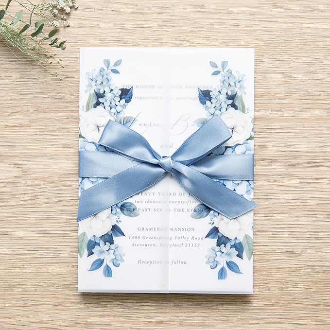 PONATIA 50PCS Vellum Jackets for 5x7 Invitation Cards- 135GSM Dusty Blue Flowers Sleeves, Vellum Paper 5x7 Jackets - Wedding Invitations Wraps - Transparent Card